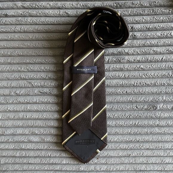 Burberry London Tie Brown Gold Striped Silk Cotton Necktie Men